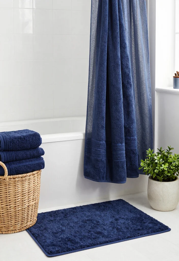 12 Navy Blue Bathroom Ideas That Feel Calm and Sophisticated 4. Soft Textiles in Navy 0