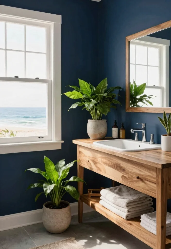 12 Navy Blue Bathroom Ideas That Feel Calm and Sophisticated 6. Incorporate Natural Elements 0