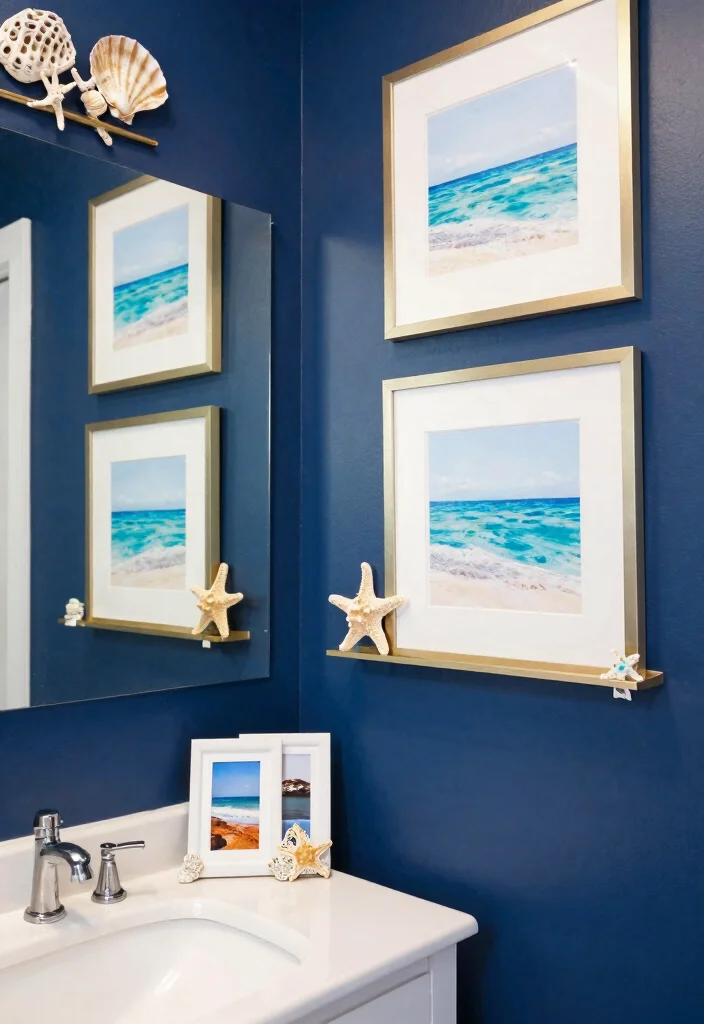 12 Navy Blue Bathroom Ideas That Feel Calm and Sophisticated 7. Coastal Artwork and Decor 0