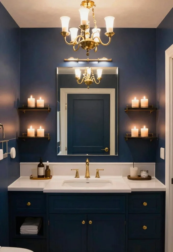 12 Navy Blue Bathroom Ideas That Feel Calm and Sophisticated 9. Layered Lighting 0