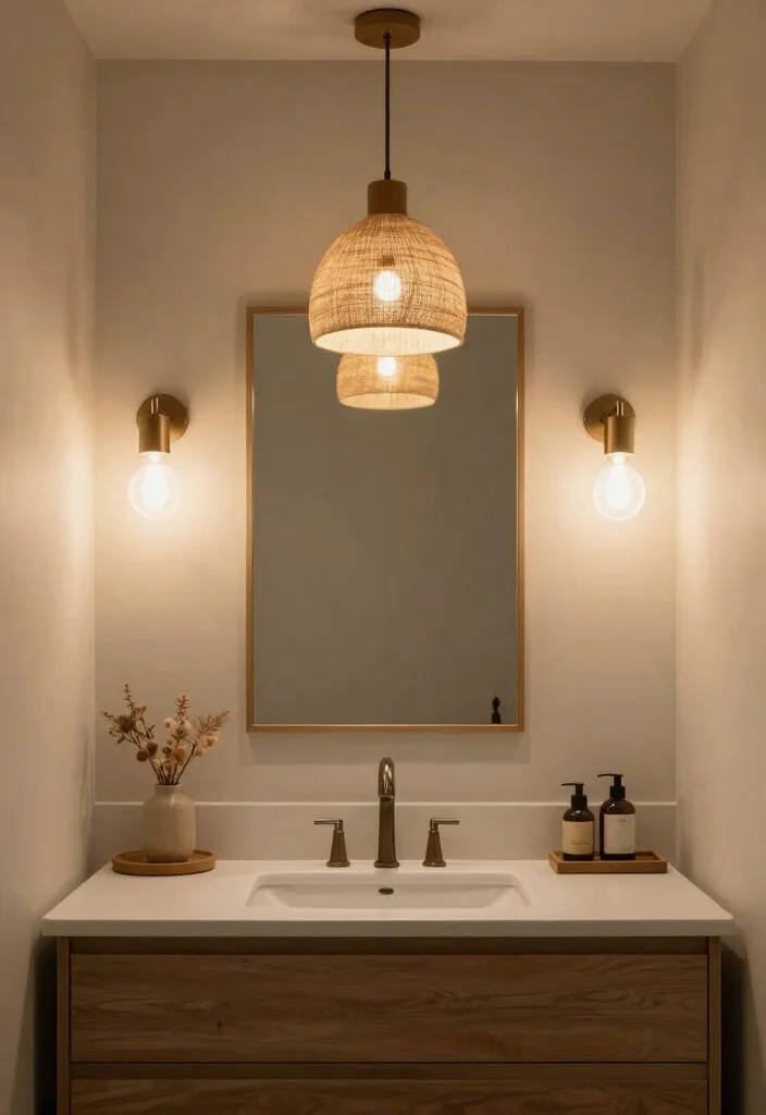12 Neutral Earth Tone Bathroom Ideas That Feel Warm 8. Statement Lighting 0