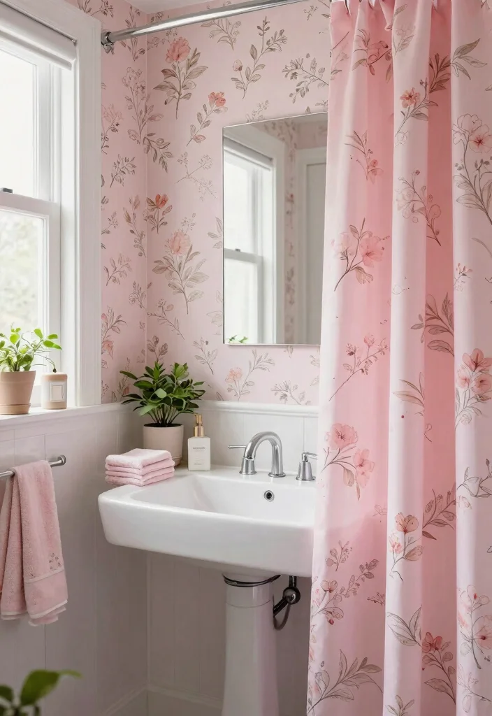 12 Pink Bathroom Ideas That Feel Soft and Modern 10. Floral Pink Patterns 0