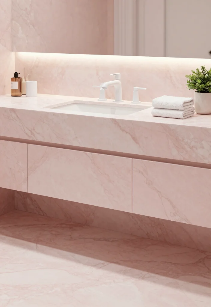12 Pink Bathroom Ideas That Feel Soft and Modern 11. Light Pink Marble Surfaces 0