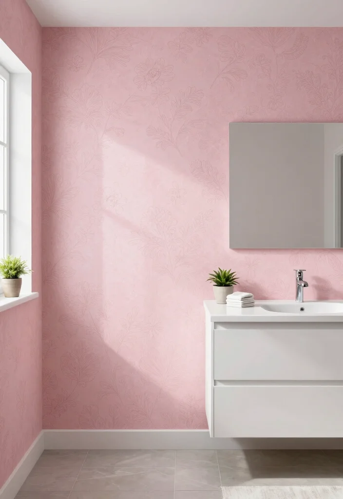 12 Pink Bathroom Ideas That Feel Soft and Modern 6. Pink Textured Wallpaper 0