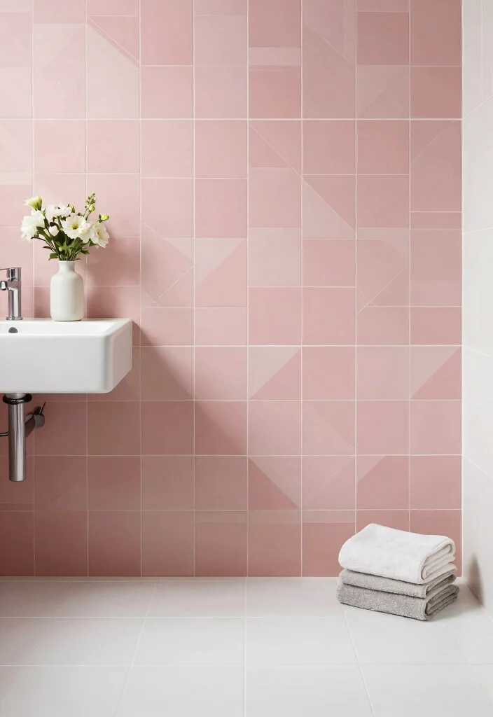 12 Pink Bathroom Ideas That Feel Soft and Modern 7. Geometric Pink Tiles 0