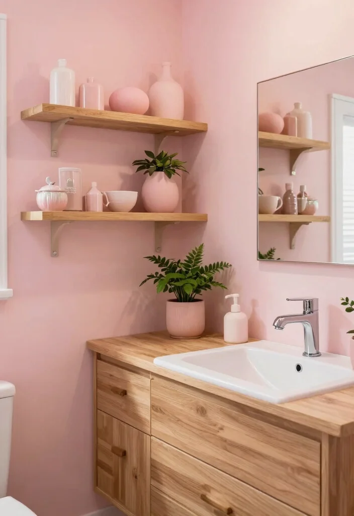 12 Pink Bathroom Ideas That Feel Soft and Modern 8. Natural Wood and Pink Combination 0