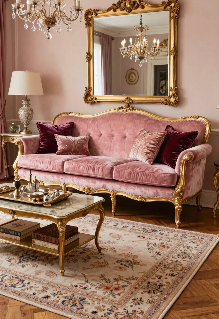 12 Pink Sofa Living Room Ideas with Soft Style 13 12 Pink Sofa Living Room Ideas with Soft Style 3. Vintage Glamour 0