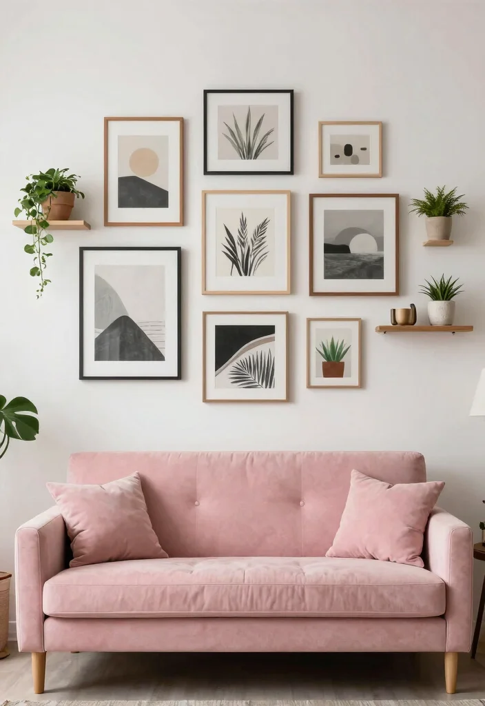 12 Pink Sofa Living Room Ideas with Soft Style 49 12 Pink Sofa Living Room Ideas with Soft Style 9. Gallery Wall Showcase 0