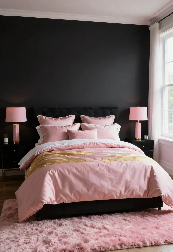 12 Pink and Black Bedroom Ideas That Feel Bold 1. Bold Black Accent Wall 0