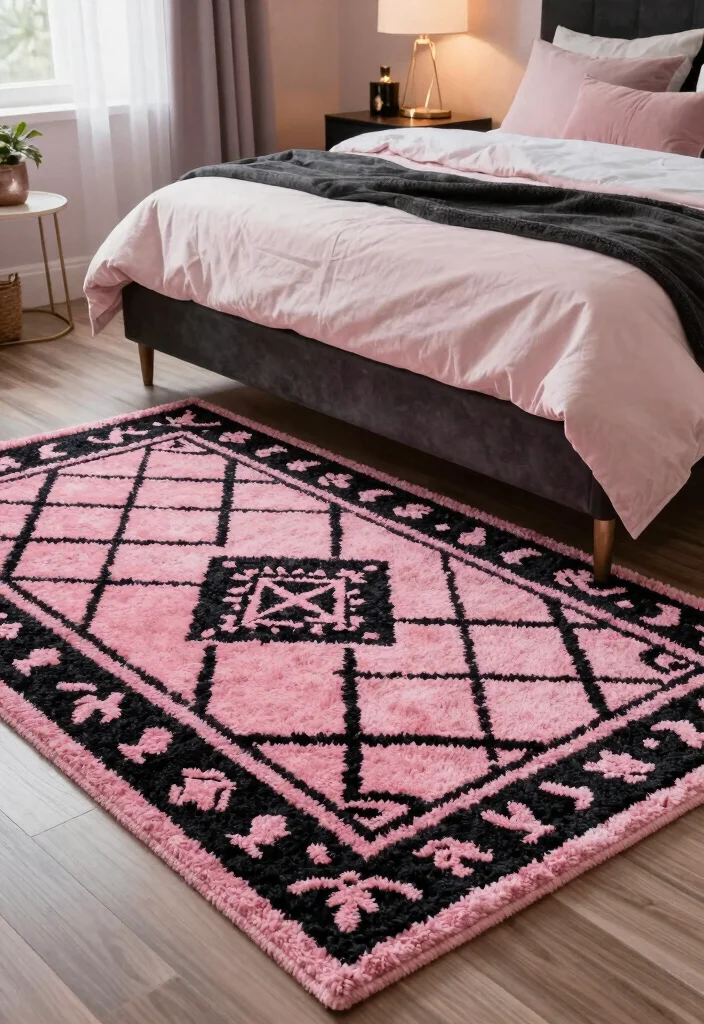 12 Pink and Black Bedroom Ideas That Feel Bold 11. Accent Rugs for Warmth 0