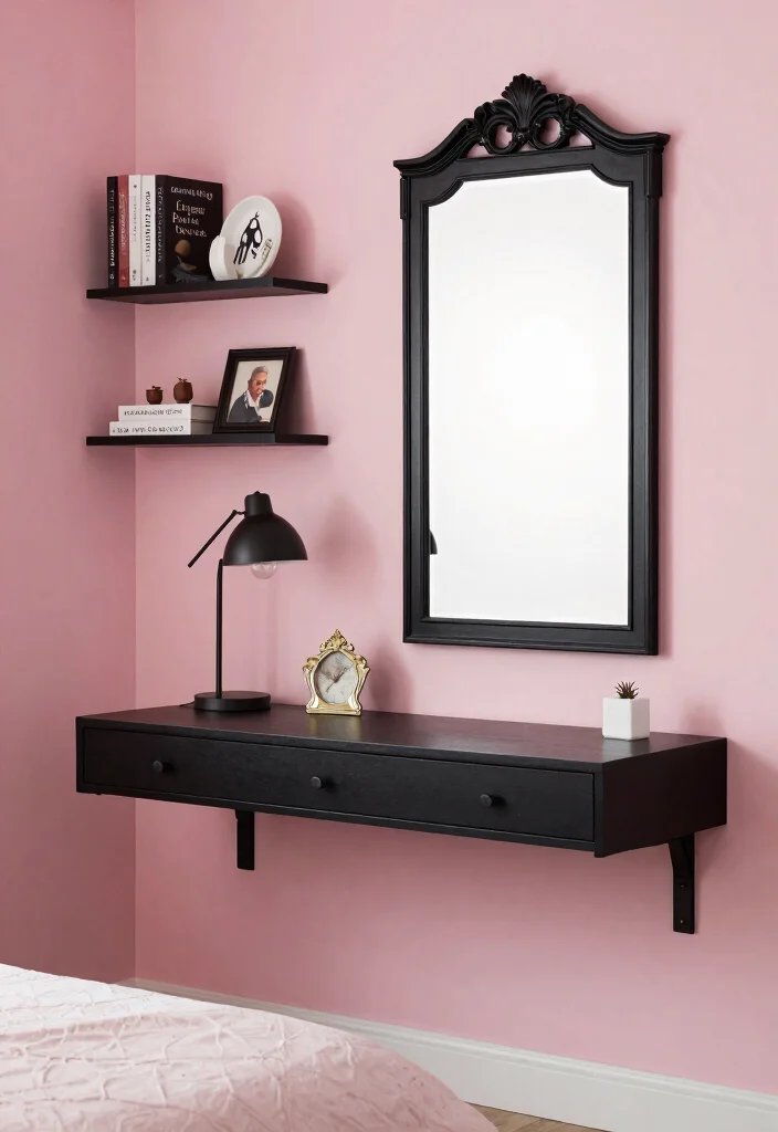 12 Pink and Black Bedroom Ideas That Feel Bold 12. Functional Wall Decor 0