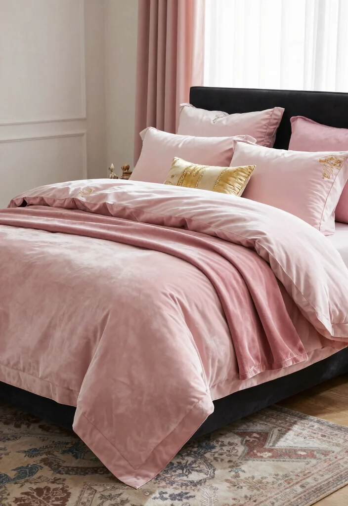 12 Pink and Black Bedroom Ideas That Feel Bold 2. Glamorous Pink Bedding 0