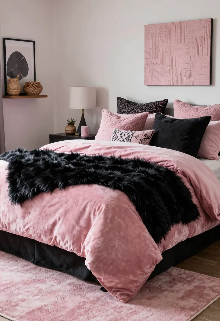 12 Pink and Black Bedroom Ideas That Feel Bold 5. Layered Textures 0