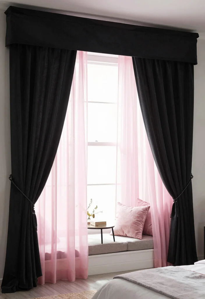 12 Pink and Black Bedroom Ideas That Feel Bold 7. Stunning Window Treatments 0