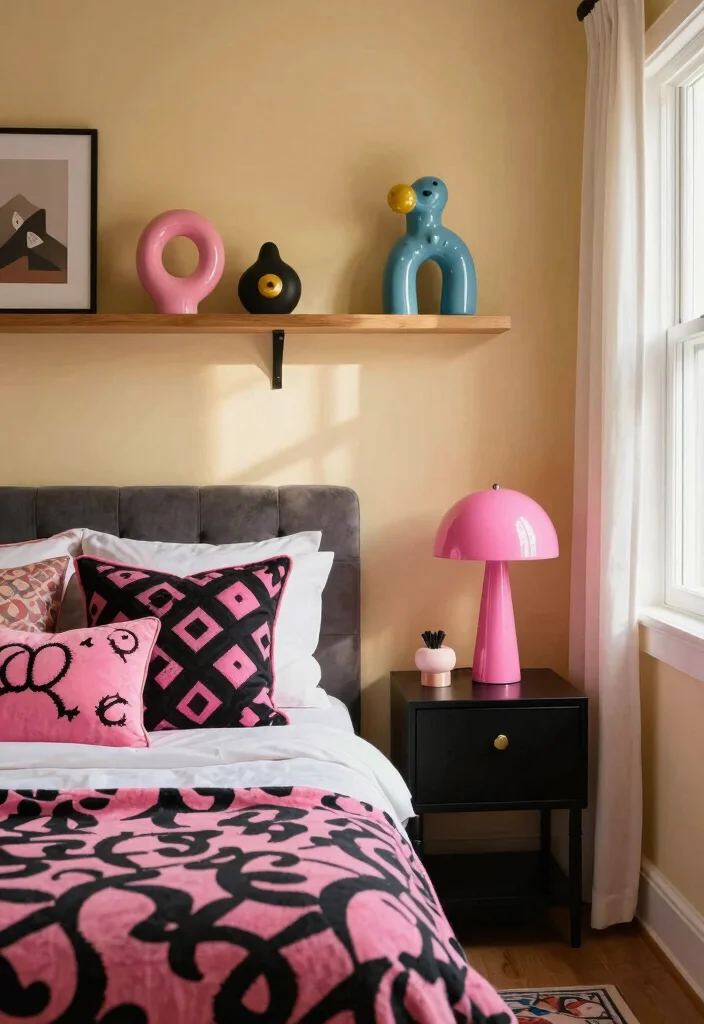 12 Pink and Black Bedroom Ideas That Feel Bold 8. Funky Decorative Accessories 0