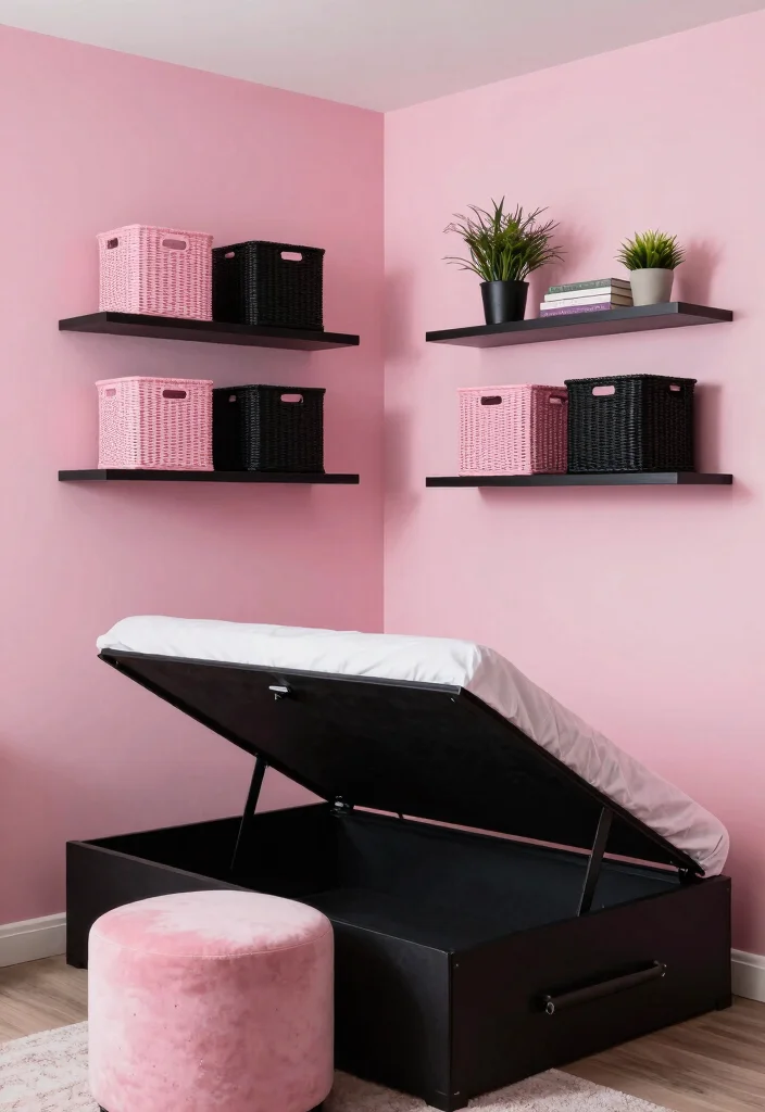 12 Pink and Black Bedroom Ideas That Feel Bold 9. Creative Storage Solutions 0