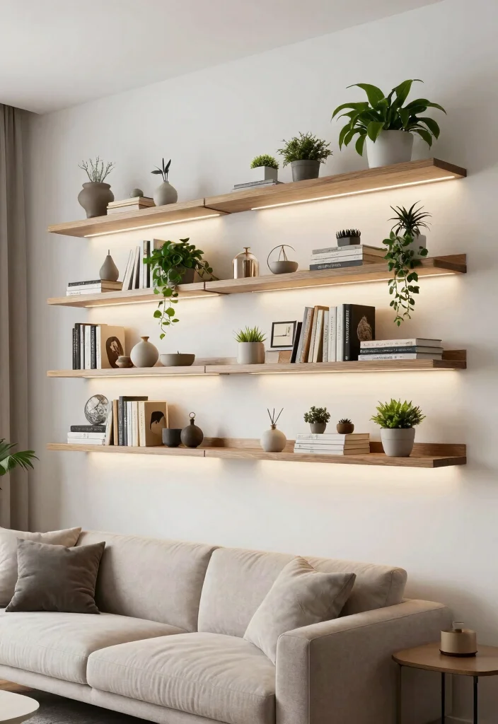 12 Rectangle Living Room Ideas with Smart Layouts 3. Floating Shelves for Vertical Storage 0