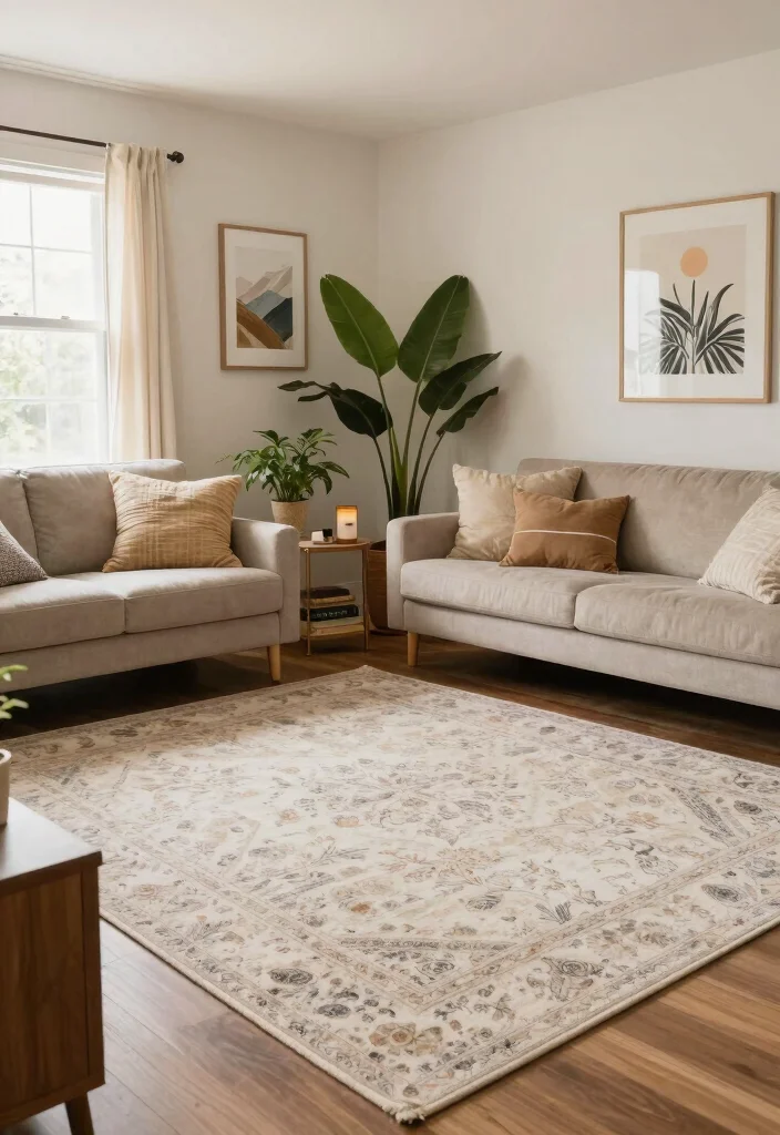12 Rectangle Living Room Ideas with Smart Layouts 4. Area Rugs to Define Spaces 0