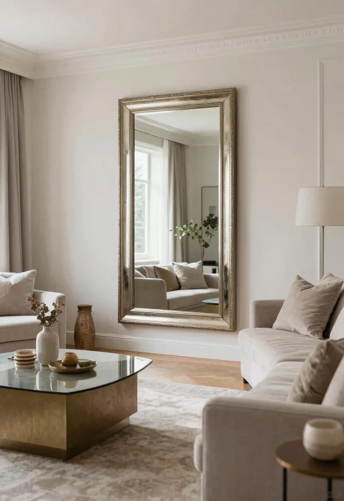 12 Rectangle Living Room Ideas with Smart Layouts 6. Mirrors to Enhance Light and Space 0