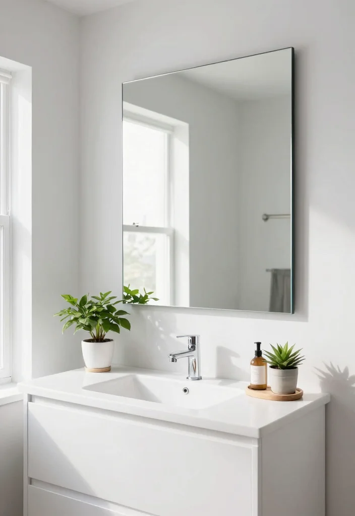 12 White Bathroom Ideas That Feel Clean and Bright 5. Large Mirrors for Illusion of Space 0