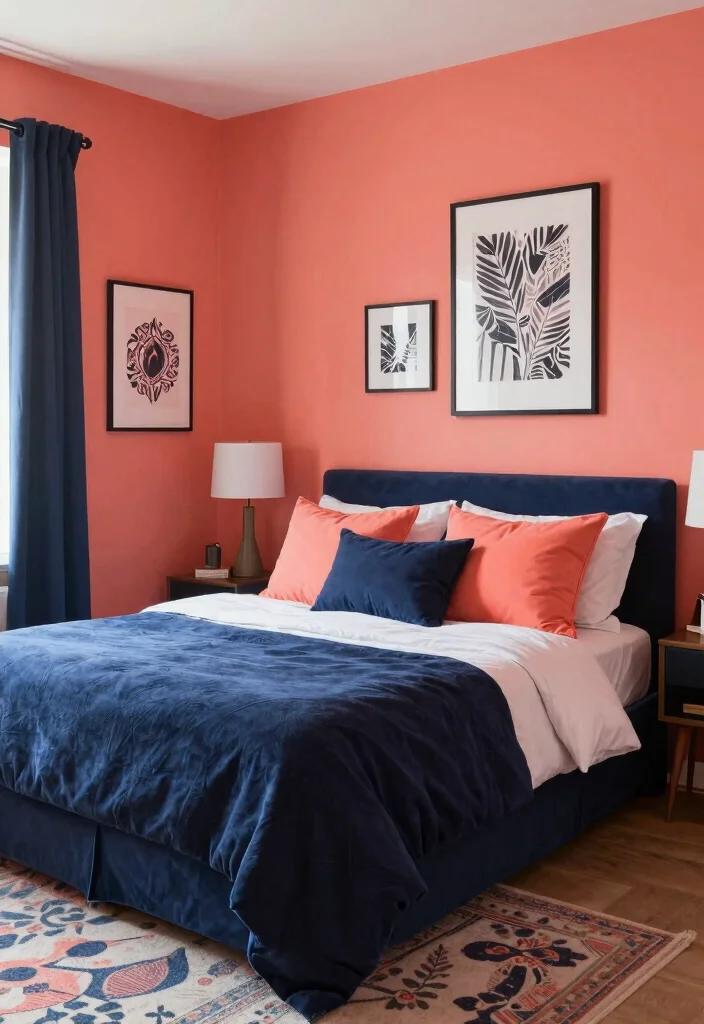 14 Bedroom Color Scheme Ideas That Always Work 62 14 Bedroom Color Scheme Ideas That Always Work 12. Bright Coral and Deep Navy 0