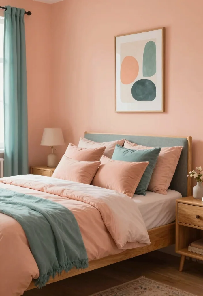 14 Bedroom Color Scheme Ideas That Always Work 38 14 Bedroom Color Scheme Ideas That Always Work 8. Soft Peach and Muted Teal 0