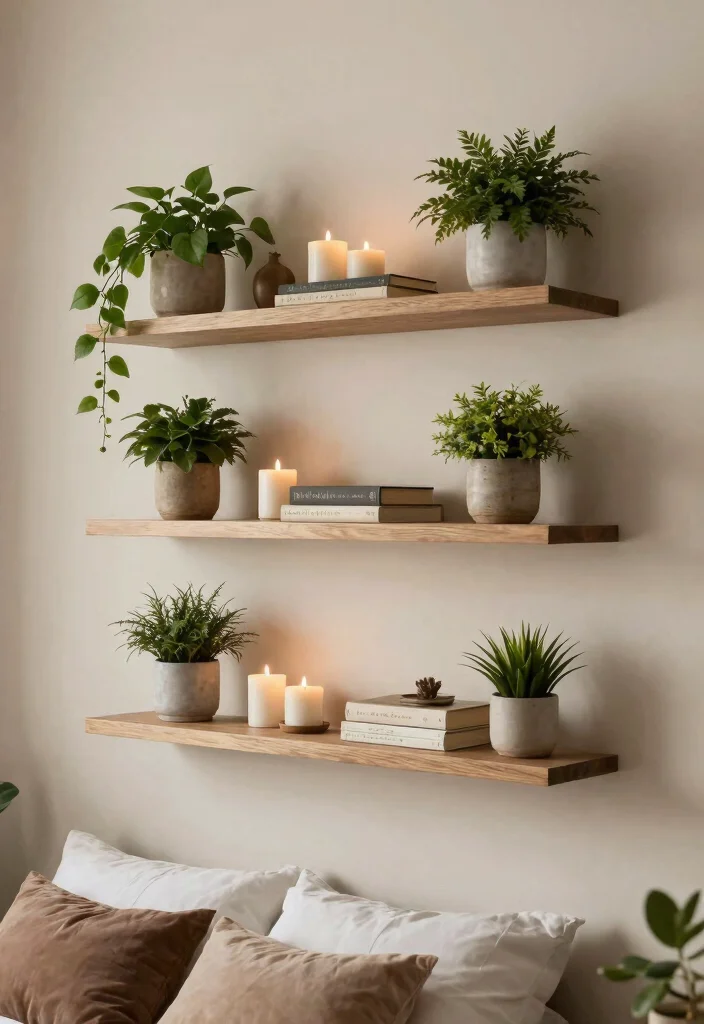 14 Cozy Aesthetic Bedroom Ideas That Feel Warm 13. Utilize Space with Floating Shelves 0