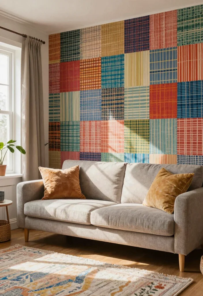 14 Living Room Feature Wall Ideas That Steal Attention 11. Creative Fabric Wall 0
