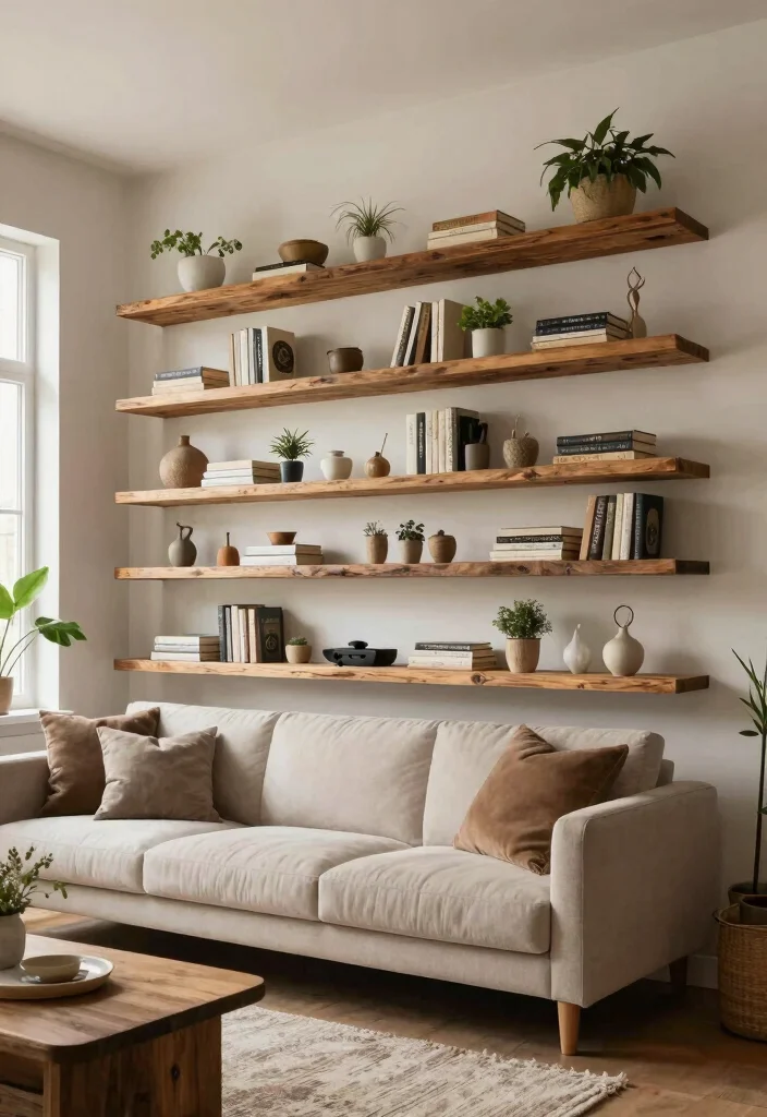 14 Living Room Feature Wall Ideas That Steal Attention 14. Whimsical Floating Shelves 0