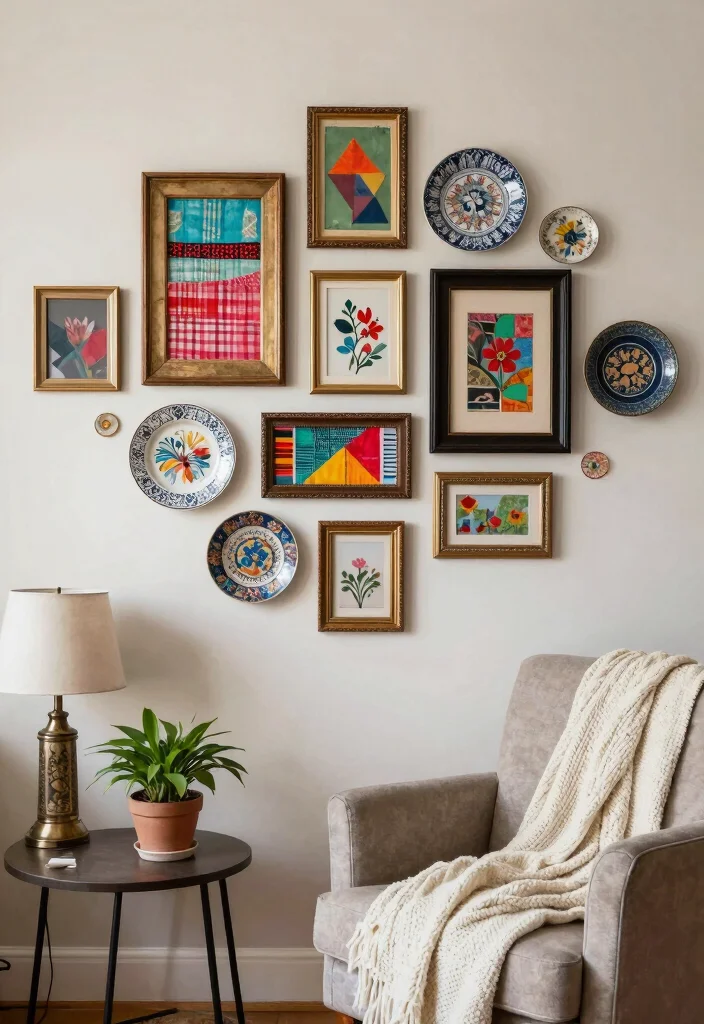 14 Living Room Feature Wall Ideas That Steal Attention 5. Upcycled Art Wall 0