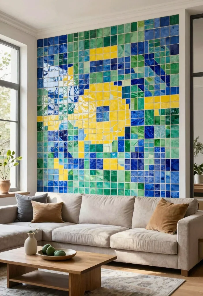14 Living Room Feature Wall Ideas That Steal Attention 7. Mosaic Tile Feature 0