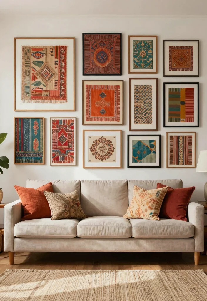 14 Living Room Feature Wall Ideas That Steal Attention 8. Artfully Framed Textiles 0
