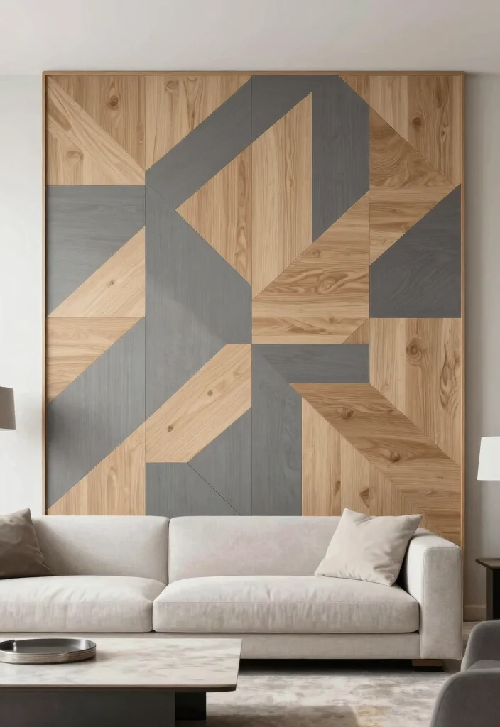 14 Living Room Feature Wall Ideas That Steal Attention 9. Geometric Wood Panels 0
