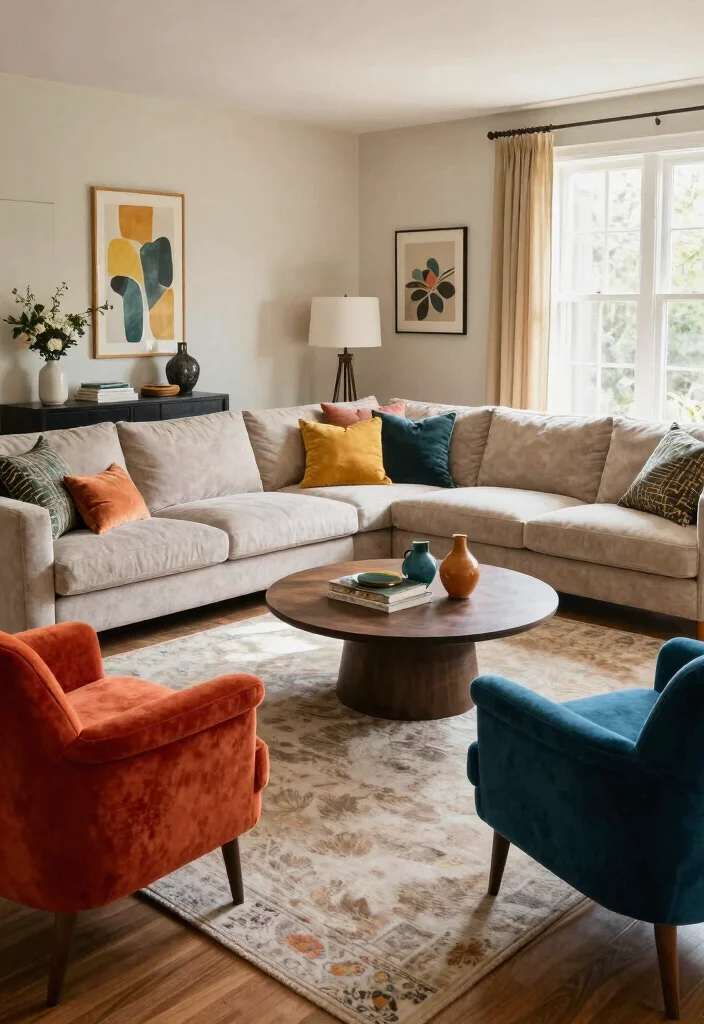 14 Living Room Sectional Layout Ideas That Actually Work 9. Elevated with Accent Chairs 0