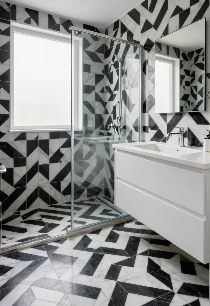 14 Modern Black and White Bathroom Ideas That Look Sharp 1. Monochrome Elegance with Geometric Tiles 0