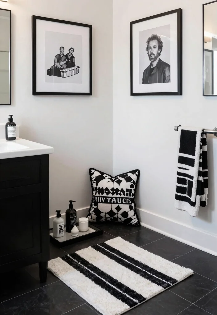14 Modern Black and White Bathroom Ideas That Look Sharp 14. Personalized Touches with Monochrome Decor 0