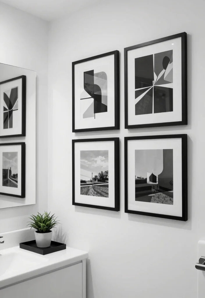 14 Modern Black and White Bathroom Ideas That Look Sharp 7. Monochrome Artwork for a Personal Touch 0