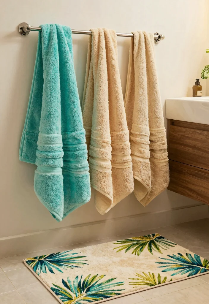 14 Tropical Bathroom Ideas That Feel Like a Vacation 10. Textured Towels and Rugs 0