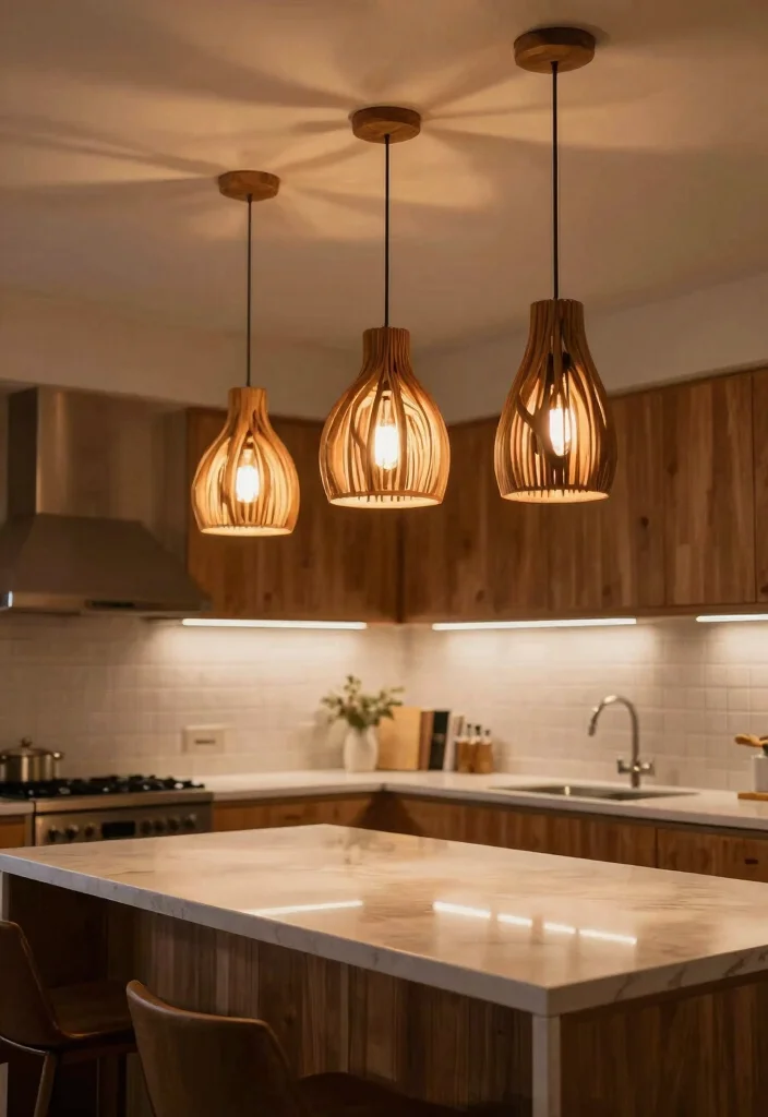 14 Wood Kitchen Ideas That Add Warmth and Texture 10. Wooden Light Fixtures 0